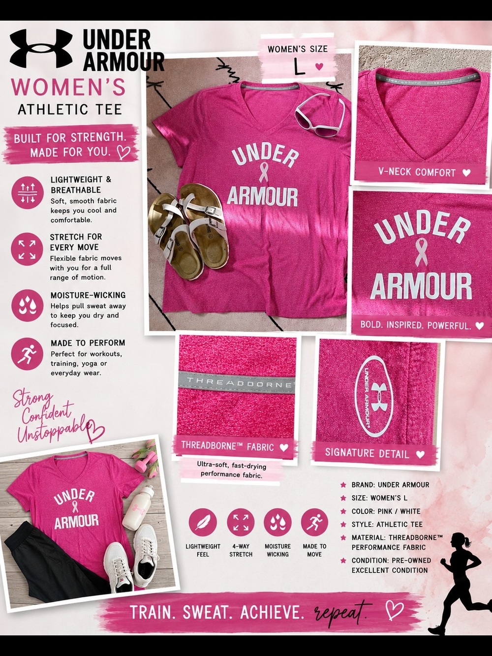 Under Armour Pink V-Neck Women's Athletic Tee with Ribbon Logo
